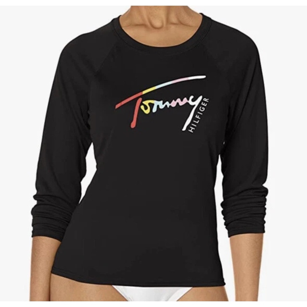Tommy Hilfiger NWT Swimwear Black Long-Sleeve Swimsuit Top Rash Guard  Shirt XL